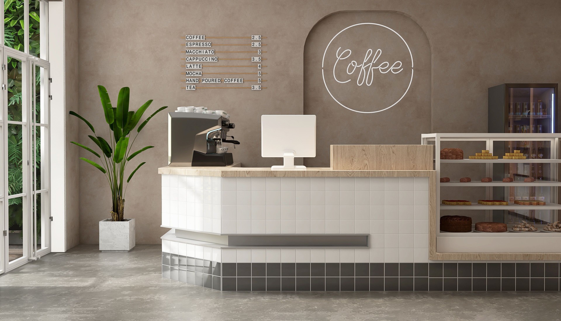 Modern, luxury tropical design cafe, wooden counter with espresso machine, cake display fridge in sunlight from outdoor garden on beige brown stucco wall, cement floor